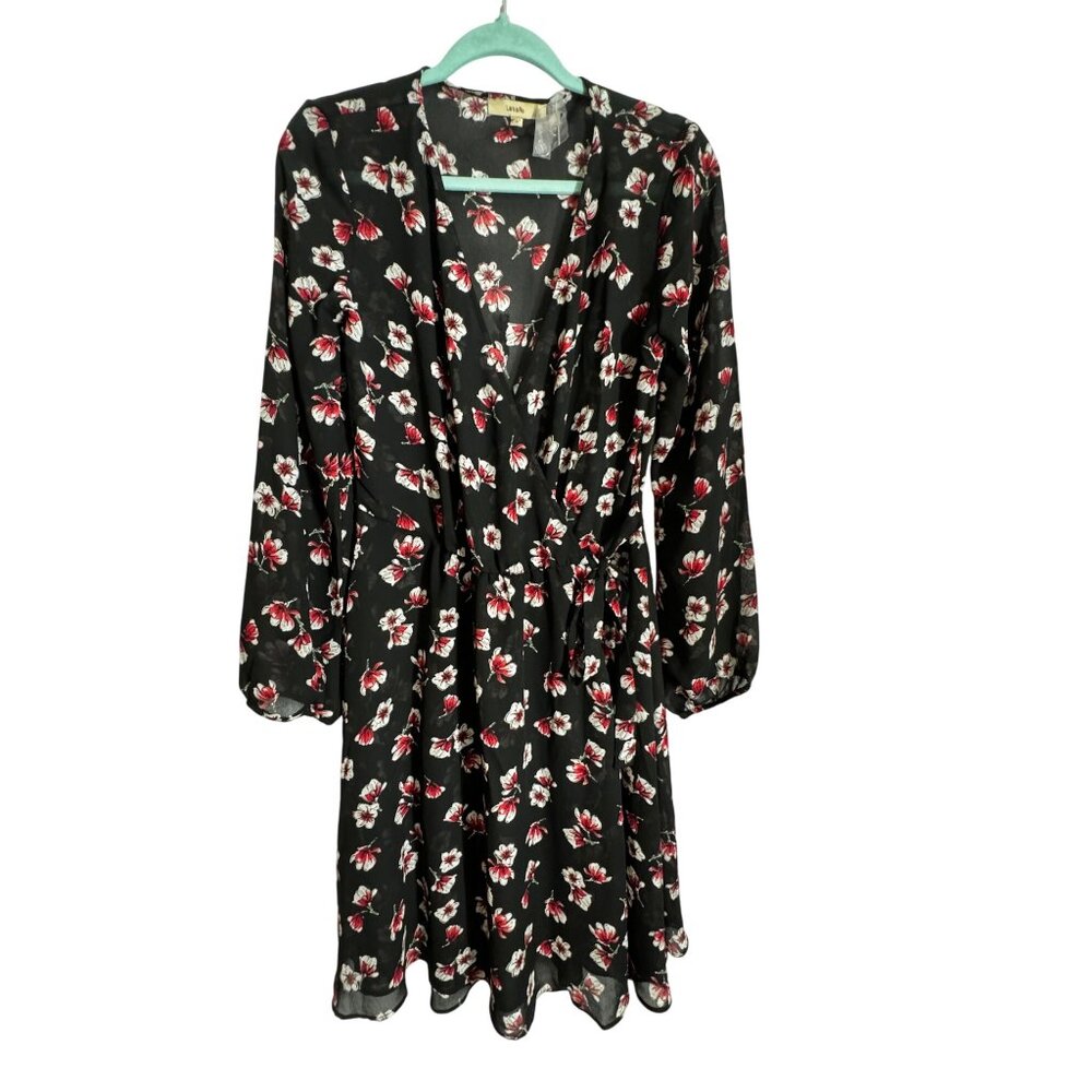Lark & Ro Black Floral Long Sleeve Dress M Boho NWT Faux Wrap Classic Sexy Cute